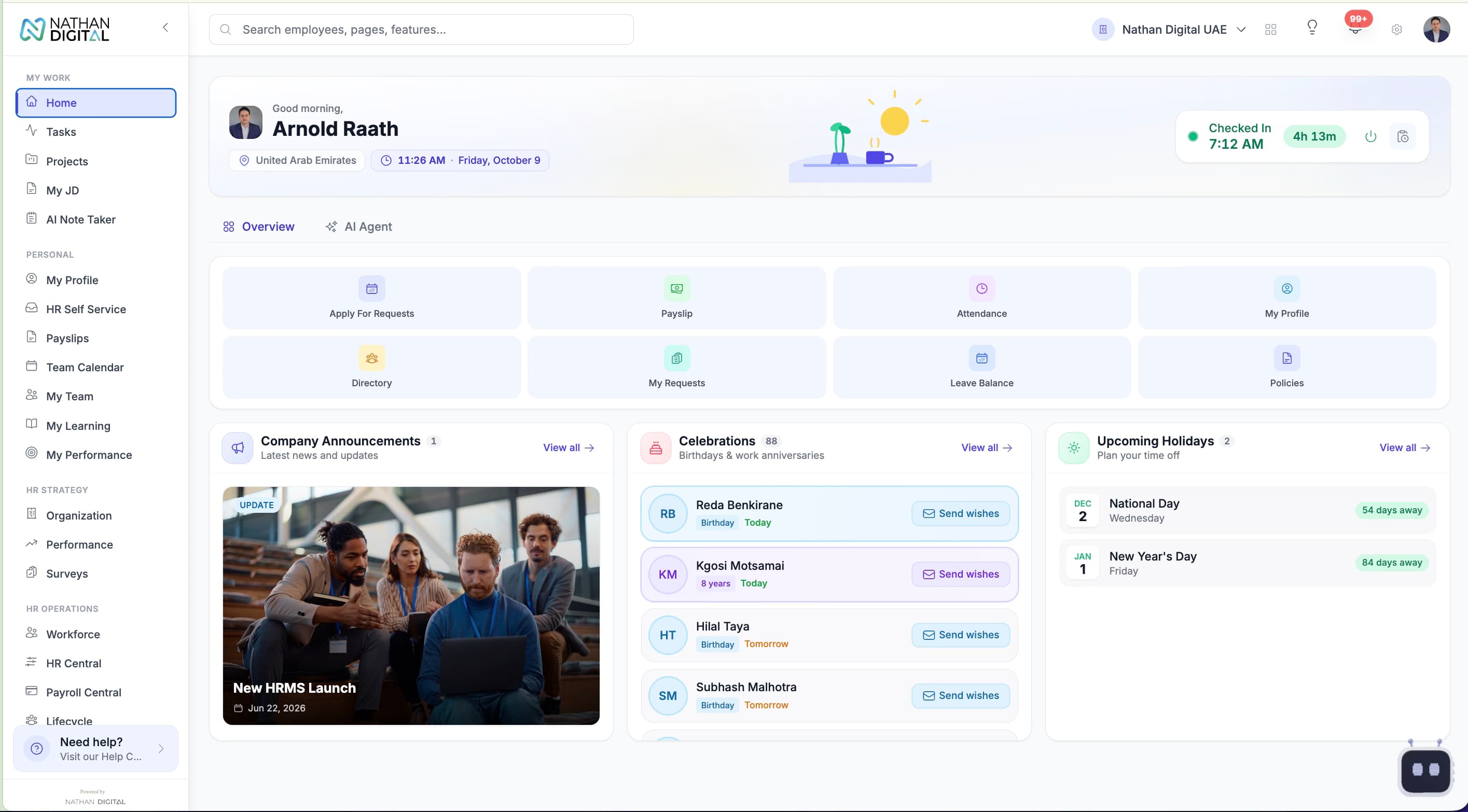 Nathan HRMS dashboard with announcements, celebrations, requests and holidays